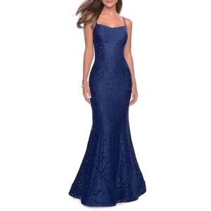 NEW La Femme Navy Blue Lace Mermaid Formal Dress Gown